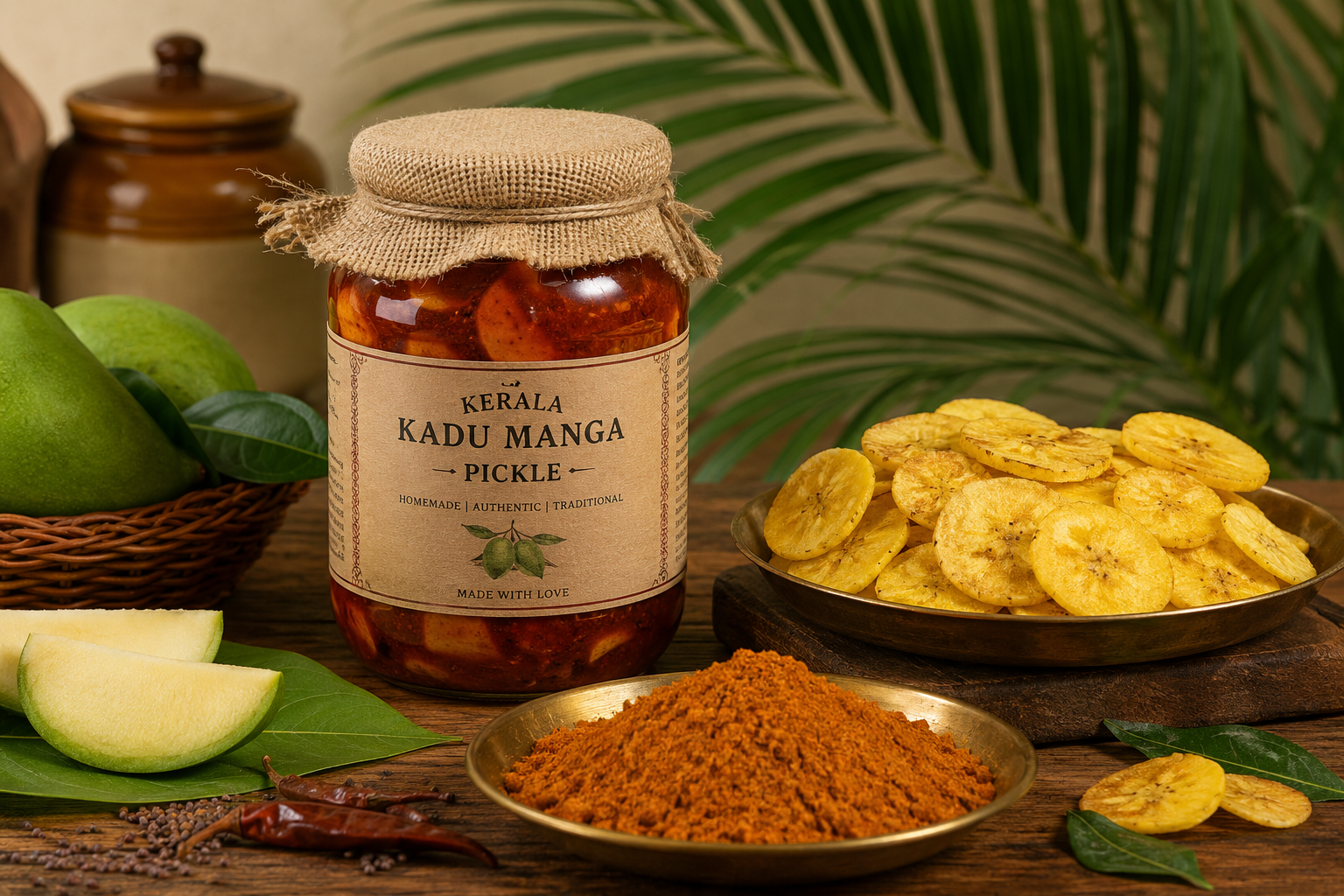 Homemade Kerala pickle jar with banana chips and chili powder